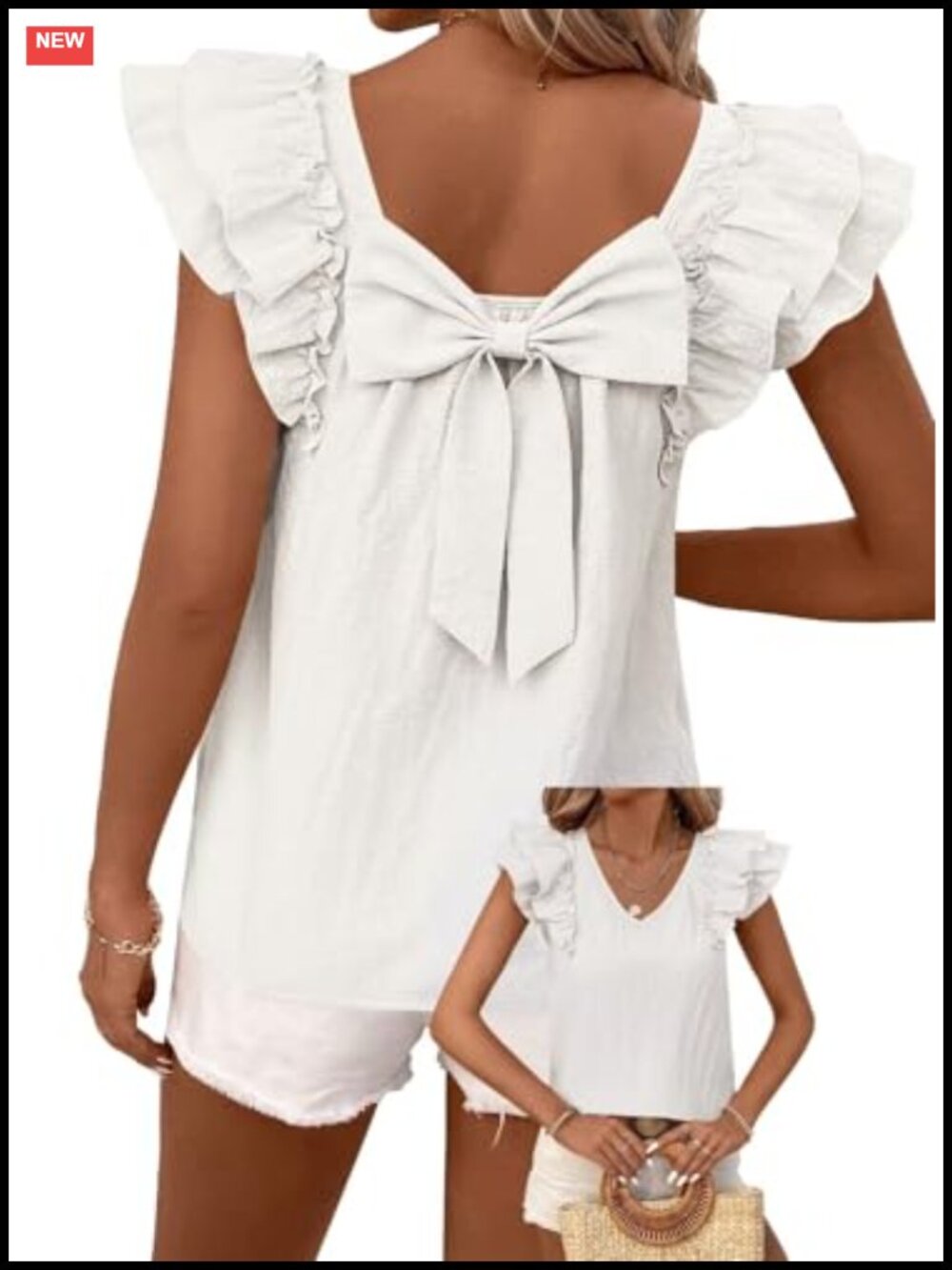Womens Bow Tie Back Vneck Babydoll Ruffle Short Sleeve Top Tunic Blouse